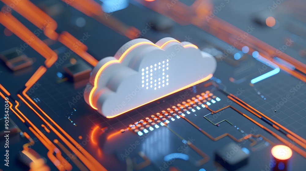 Poster cloud computing concept with digital cloud icon on circuit board, representing modern technology and