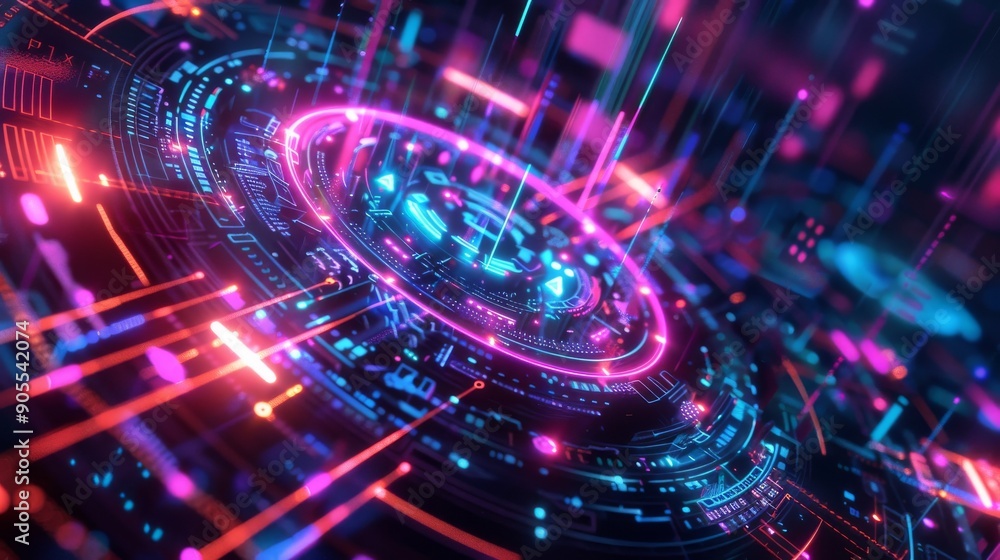 Poster abstract futuristic background with glowing neon lines and circles.
