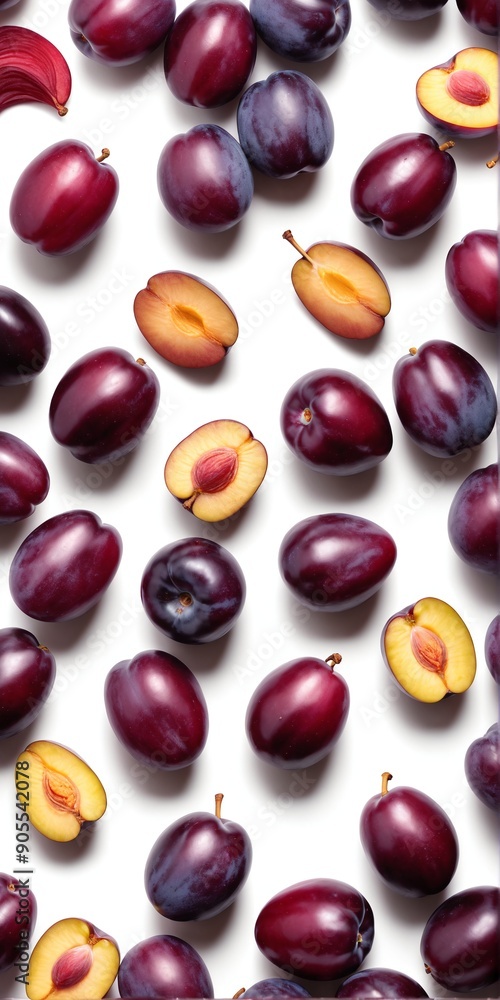 Wall mural fresh purple plum fruits on white background. top view flat lay