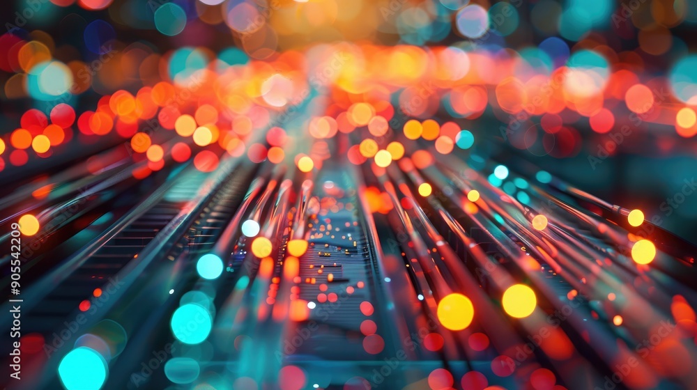 Aufkleber blurred lights highlighting optical fibers in server hard disks
