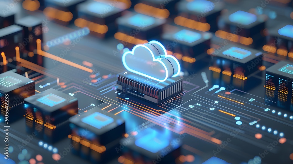 Poster cloud computing concept with futuristic circuit board and glowing cloud icon, representing digital d