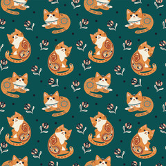 Vector illustration, Paisley cats, cats in different poses, colorful, interesting, patterned