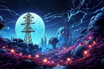 Obraz premium Electric Eden. A surreal landscape with power lines and a glowing moon under a stormy night sky.