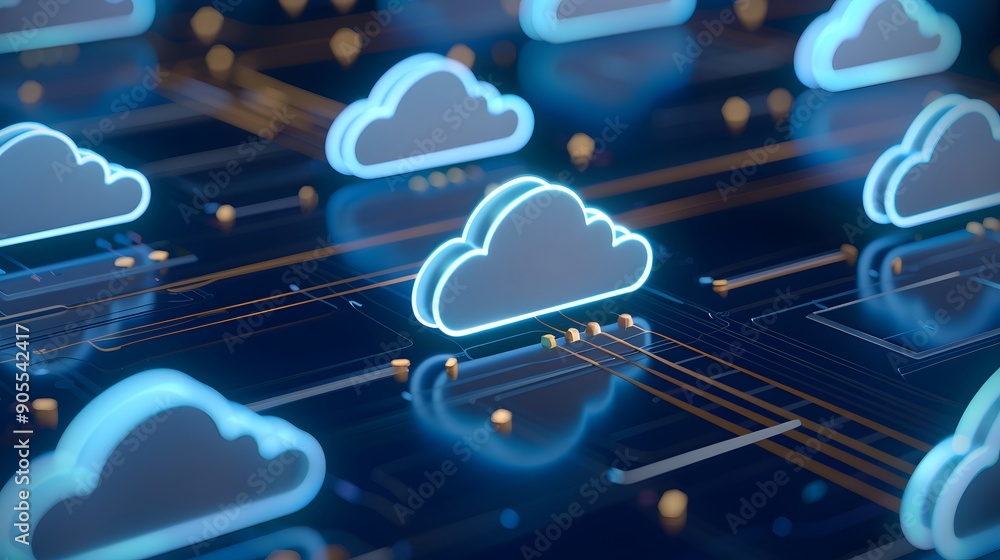 Poster cloud computing concept with glowing cloud icons over circuit board background, representing data st