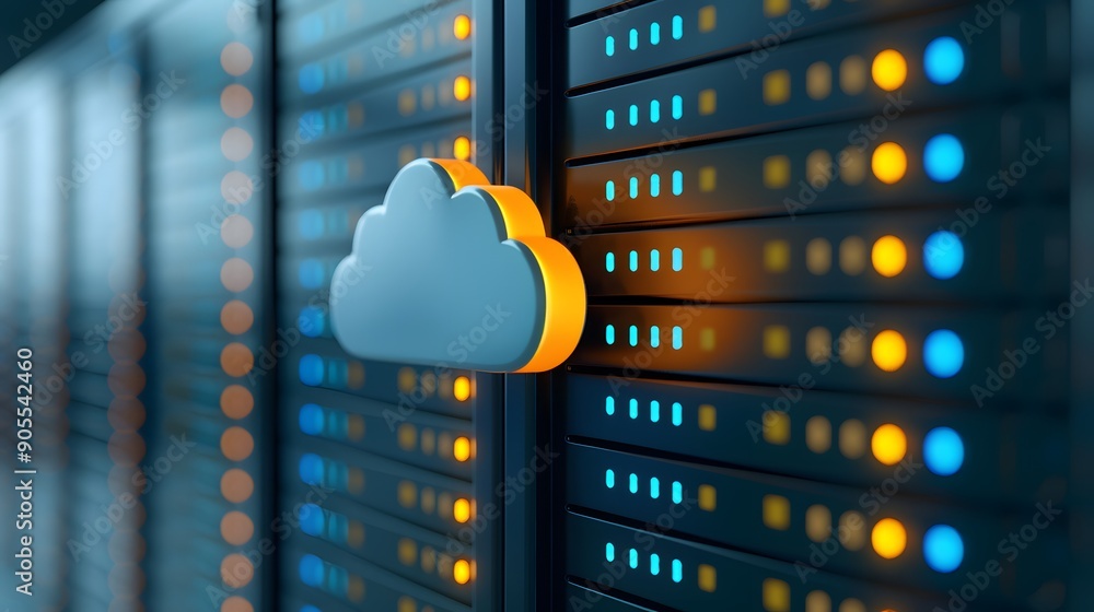 Aufkleber cloud computing concept with illuminated servers, symbol of online storage and data handling in cont