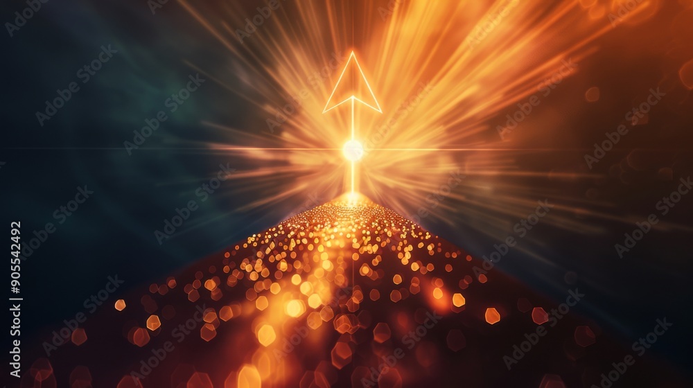 Poster abstract glowing arrow pointing upwards with a bright light emanating from the tip. the background i