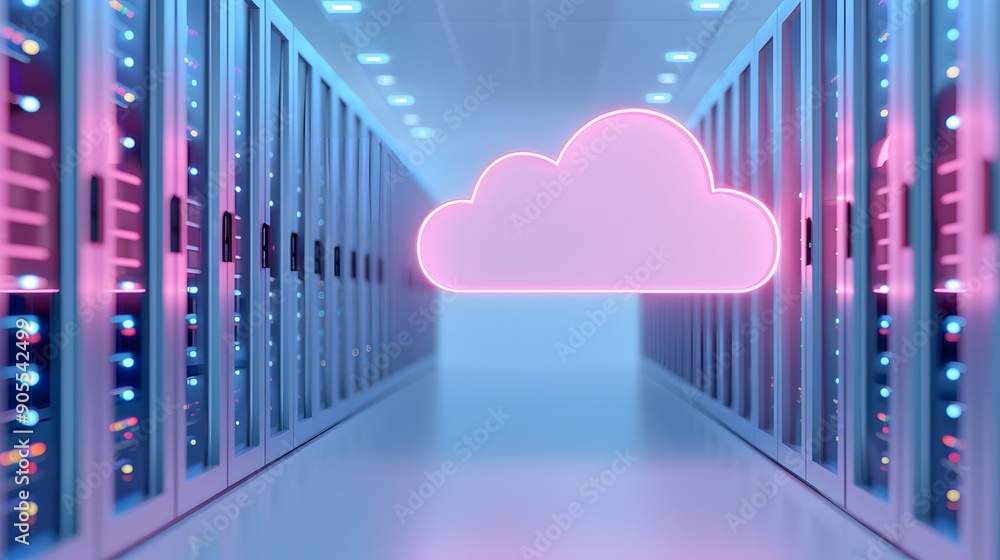 Poster cloud computing concept with neon cloud icon in a modern server room, showcasing data storage and in