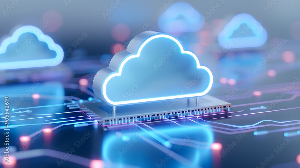 Poster cloud computing concept with neon lights and circuit board, representing modern technology, data pro
