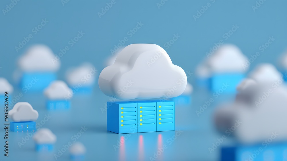 Poster cloud computing concept with server racks, representing data storage and networking in a virtual clo