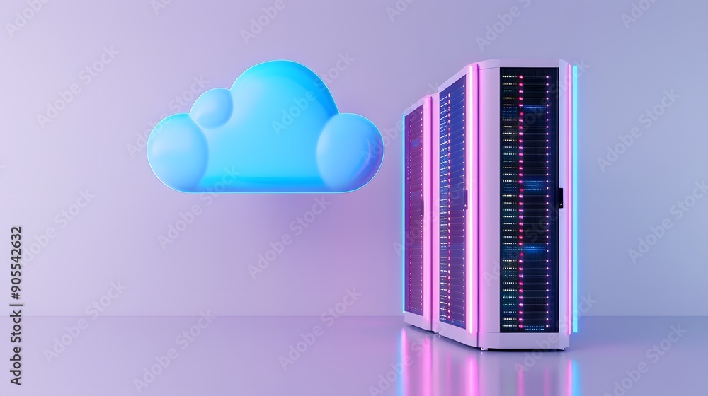 Poster cloud computing concept with server racks and cloud icon, representing data storage and digital tech