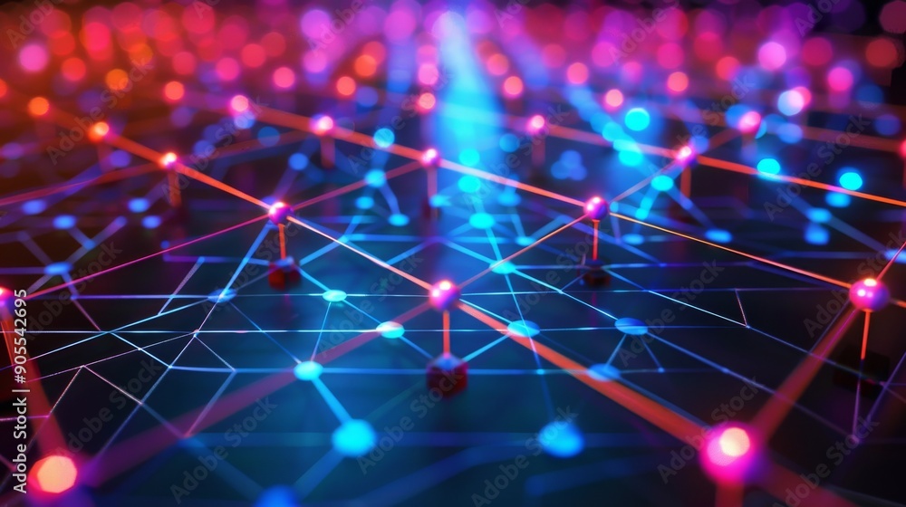 Poster abstract glowing network with interconnected nodes in vibrant blue and red hues.