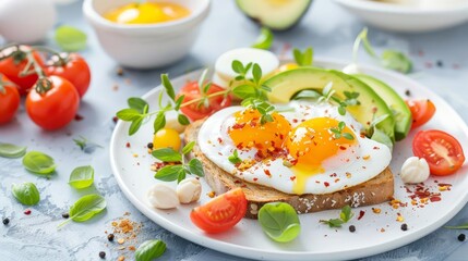 A detailed shot of a breakfast table with whole grain toast, avocado, poached eggs, and fresh tomatoes, bright and inviting, high detail
