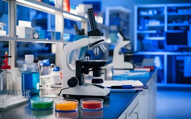 Laboratory Counter with Soybean Samples, Microscope, and Scientific Equipment