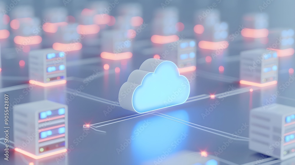 Poster cloud computing concept with servers connected to a central cloud icon. digital network technology a