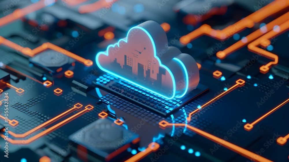Poster cloud computing concept, digital circuit board with a glowing cloud symbol representing data storage