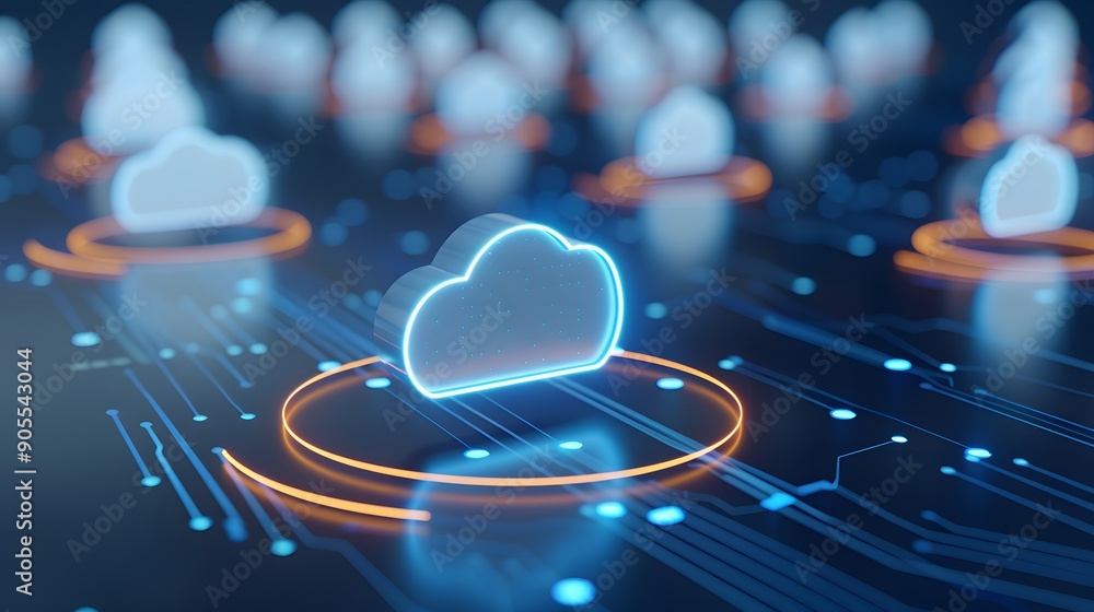 Poster cloud computing illustration showing digital clouds connected in a network, representing data storag