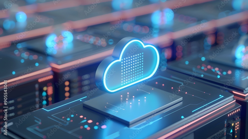 Aufkleber cloud computing graphic depicting a digital cloud icon over servers, representing data storage, tech