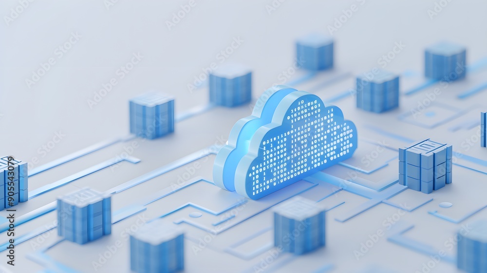 Poster cloud computing infrastructure showing data storage, servers, and network connections represented in