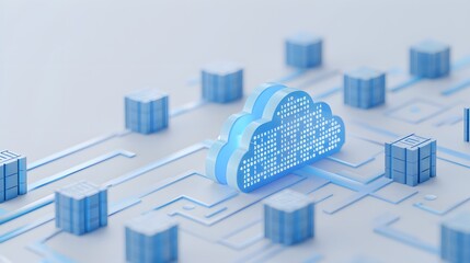 Cloud computing infrastructure showing data storage, servers, and network connections represented in a futuristic technology concept.