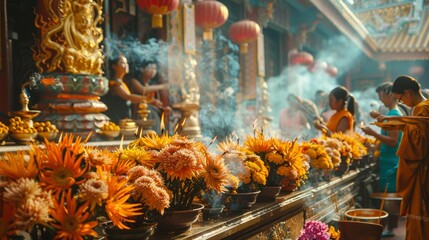 Worshippers making offerings at a Buddhist shrine, showcasing the ritual and devotional aspects of the faith