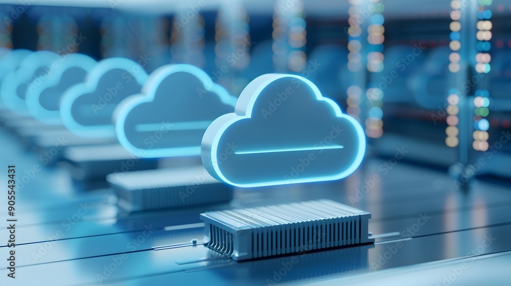Poster cloud computing technology concept. digital clouds and servers in a data center, representing online