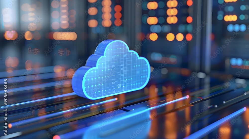 Poster cloud computing technology concept featuring a glowing cloud icon in a server room. modern data stor