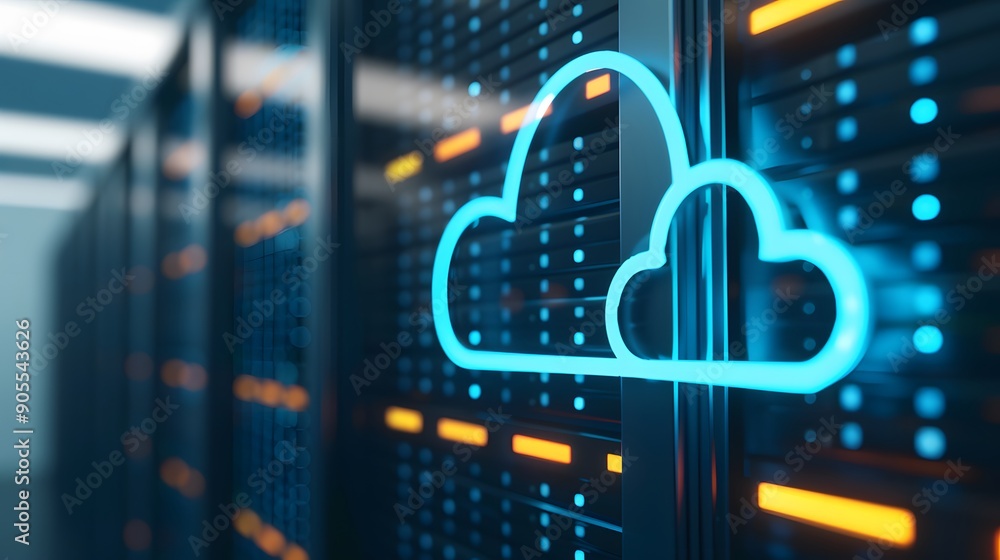 Poster cloud computing technology concept with a digital cloud icon on a server background in a data center