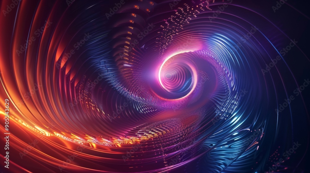 Poster abstract swirling neon light design with glowing orb in center. vibrant colors and dynamic movement.