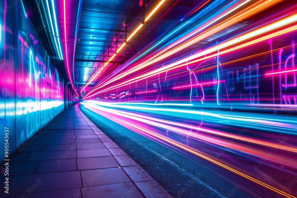 Aufkleber abstract tunnel of vibrant neon lights. streaks of color create a dynamic and futuristic feel.