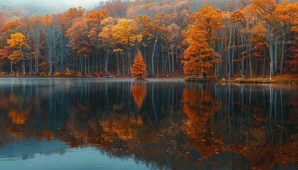 Naklejka premium Calm lake with reflections of autumn trees, fall tranquility, serene landscape