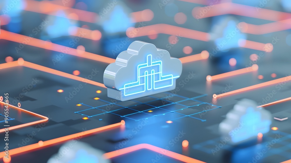 Poster cloud computing technology concept with digital clouds connected by glowing lines on a circuit board