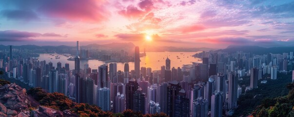Fototapeta premium Aerial view of a city skyline at sunset with colorful clouds.