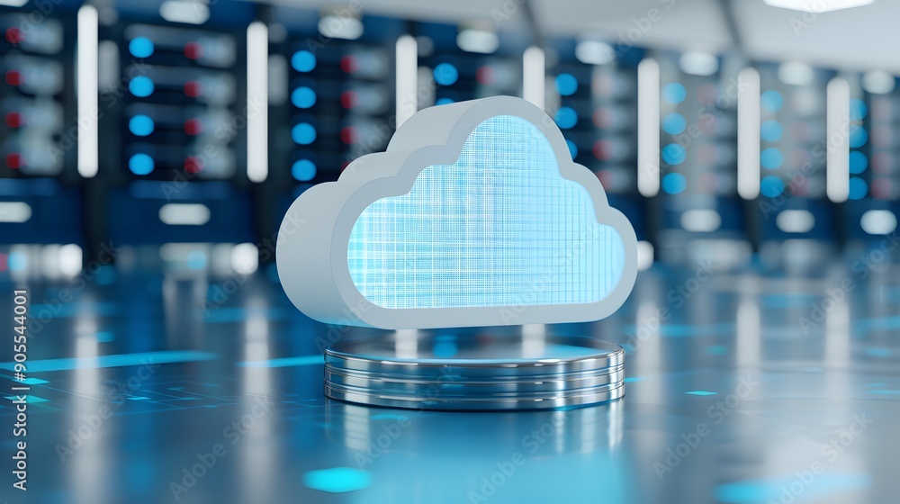 Poster cloud computing technology concept with illuminated cloud shape in a modern data center. high-tech d