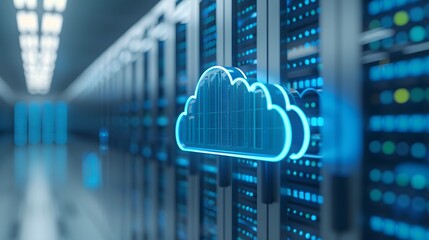 Fototapeta premium Cloud computing technology in modern data center. Digital cloud symbol representing data storage and transfer solutions in server room.