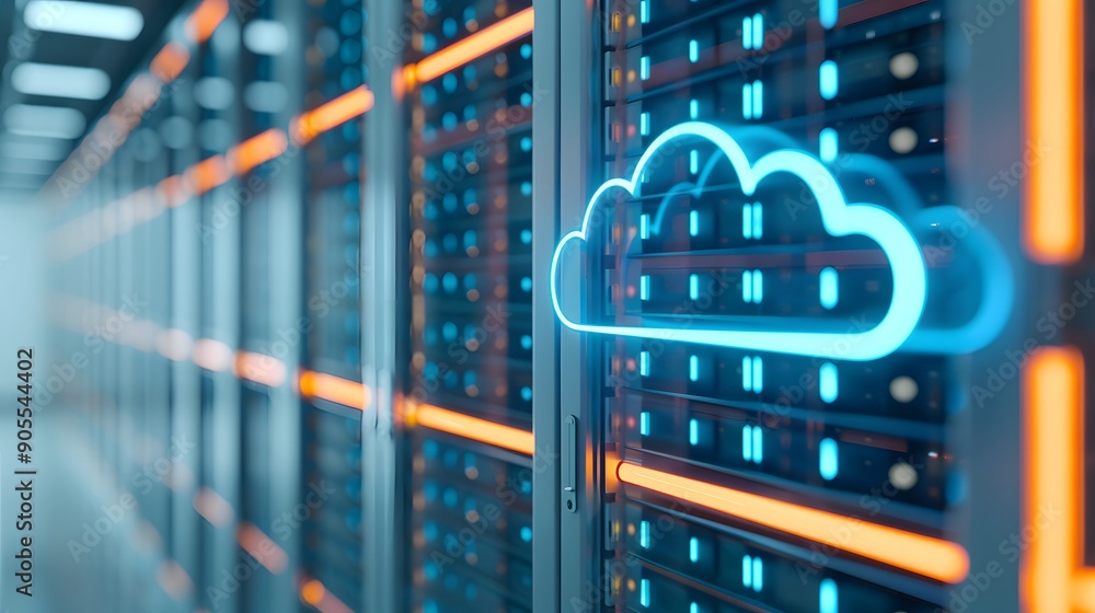 Poster cloud computing technology inside a data center with servers and neon cloud icon for online storage 