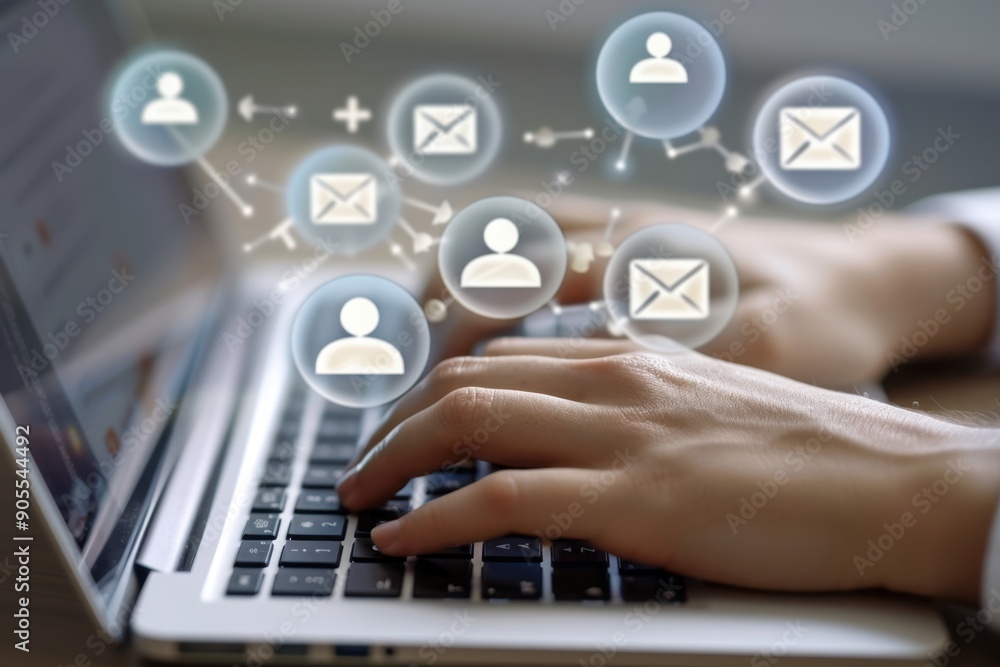 Aufkleber close up of hands typing on a laptop with icons above the keyboard showing an envelope and people, r