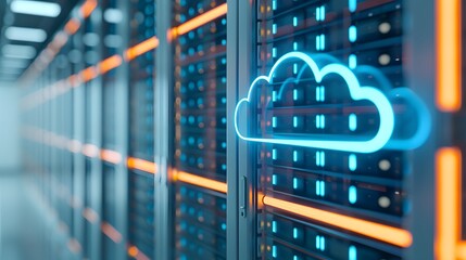 Cloud computing technology inside a data center with servers and neon cloud icon for online storage and digital infrastructure.