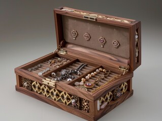 An intricately carved wooden box with an open lid, revealing a collection of jewelry and trinkets inside.