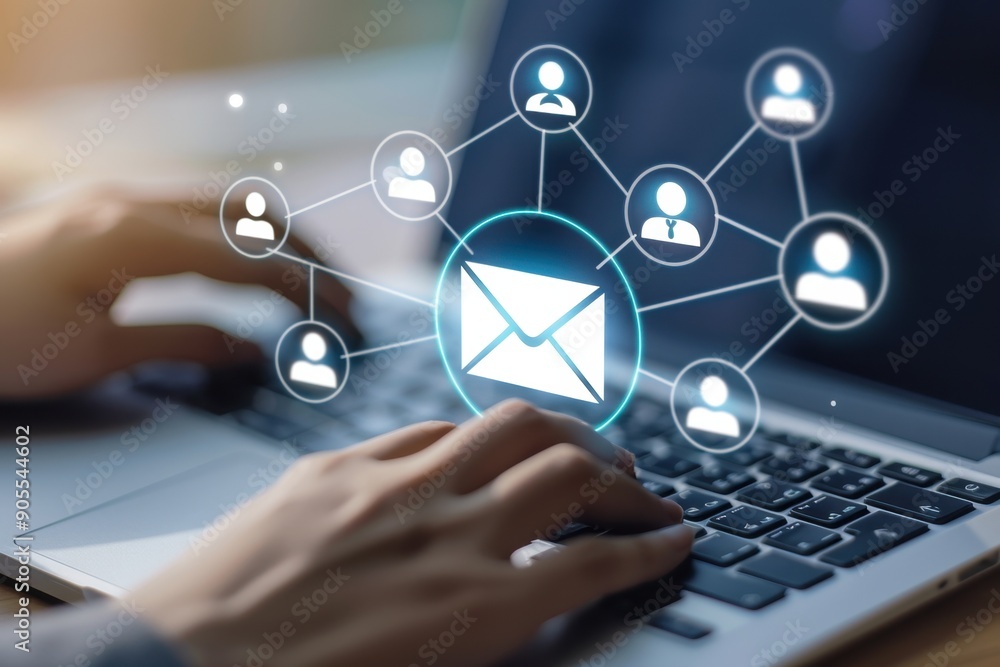 Poster close up of hands typing on a laptop with icons above the keyboard showing an envelope and people, r