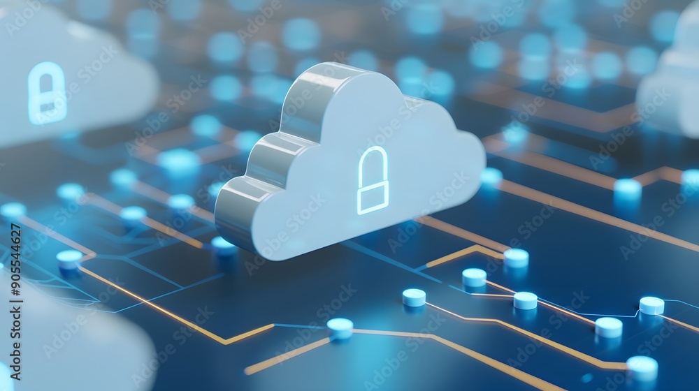 Poster cloud security concept with digital clouds and padlock symbol on a blue circuit board background, re