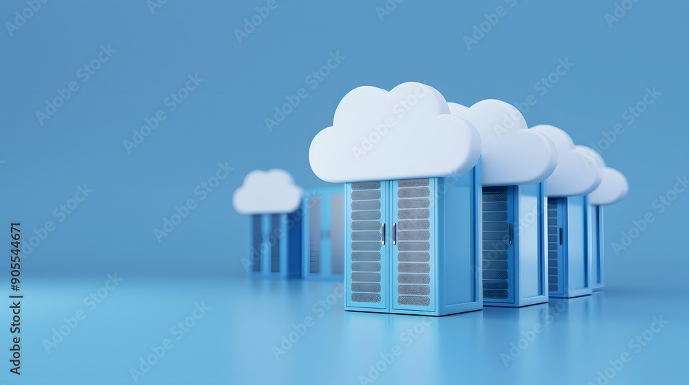Poster cloud servers with data storage representations on a blue background, illustrating modern technology