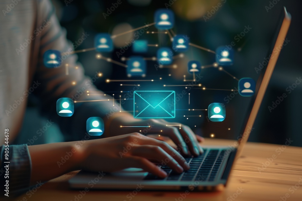 Aufkleber a person is typing on an open laptop, with icons of people and a blue envelope floating around them,