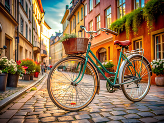 Fototapeta premium Retro bicycle with basket on city street background