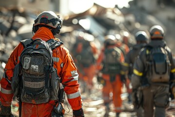 Fototapeta premium Emergency Responders. Emergency responders in bright orange suits work through earthquake rubble, highlighting the advanced technology and dedication in disaster management.