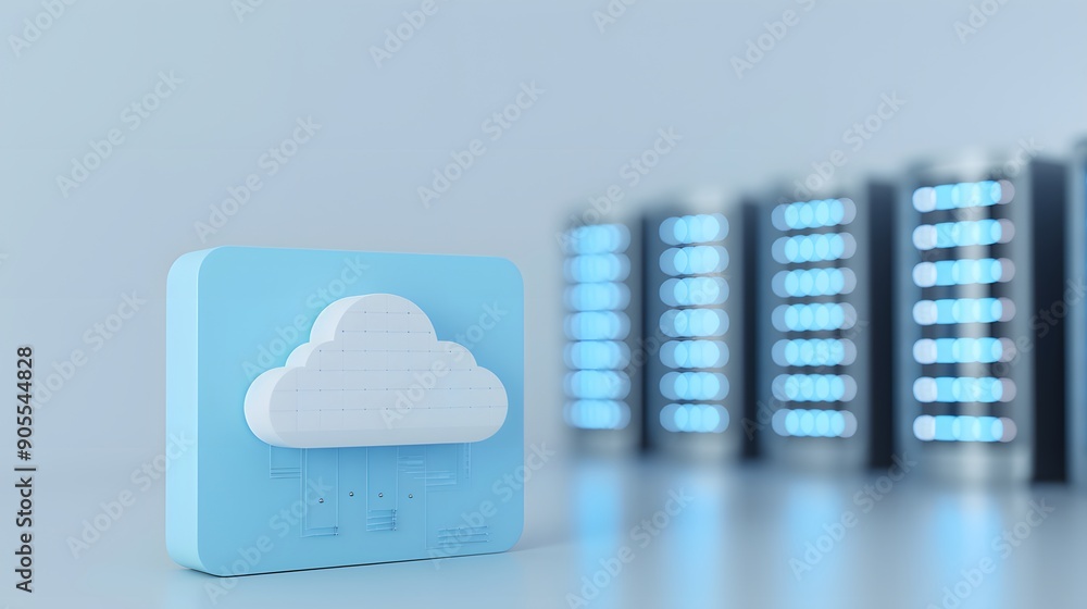 Poster cloud storage concept with servers in the background, representing digital data management and onlin