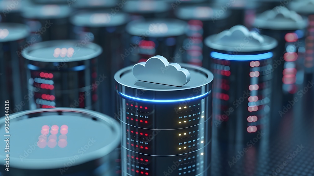 Poster cloud storage server room with multiple servers connected and data indicators lit, representing mode