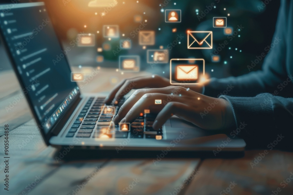 Aufkleber a person typing on an open laptop, with icons of people and envelopes floating around the screen gen