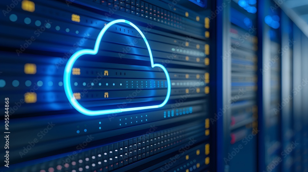 Poster cloud technology and server room. a blue neon cloud icon over a row of servers in a modern data cent