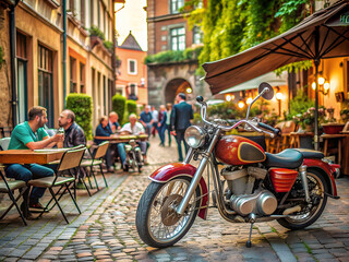 Obraz premium Vintage red bike against the backdrop of a cozy city street