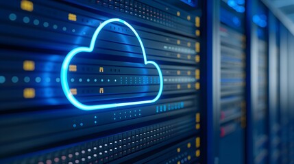 Obraz premium Cloud technology and server room. A blue neon cloud icon over a row of servers in a modern data center, symbolizing cloud computing and storage.